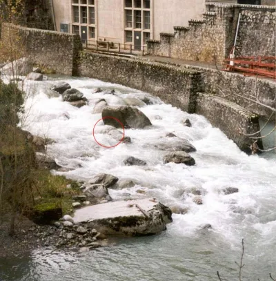 Repère de niveau : lorsque l'eau passe légèrement en dessus du cailloux entouré --> fort niveau d'eau (passage V très difficile voire impossible).
La dalle du bas de la photo n'est pas représentative car dans la retenue d'eau.