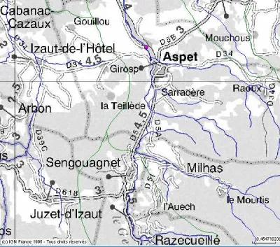 (d'après http://data.eau-adour-garonne.fr) Le point rose est l'échelle de la DIREN en aval du pont de la D5  sur hpgaronne.net ou vigicrue