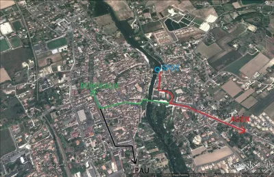 Plan d accee : 

trajet rouge : Agen, 
trajet vert : Bordeaux, 
trajet noir : Pau, 
cercle bleu : spot.