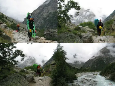 Pour apprécier le portage de 3-4 km, tout est question de style :
- methode sherpa /
- la joie du topolinoïste est aussi de posséder un bateau léger /
- methode ariégeoise ("Ariège Terre Courage") /
Ambiance magique à l'embarquement /
Photos de Simon Levesques
